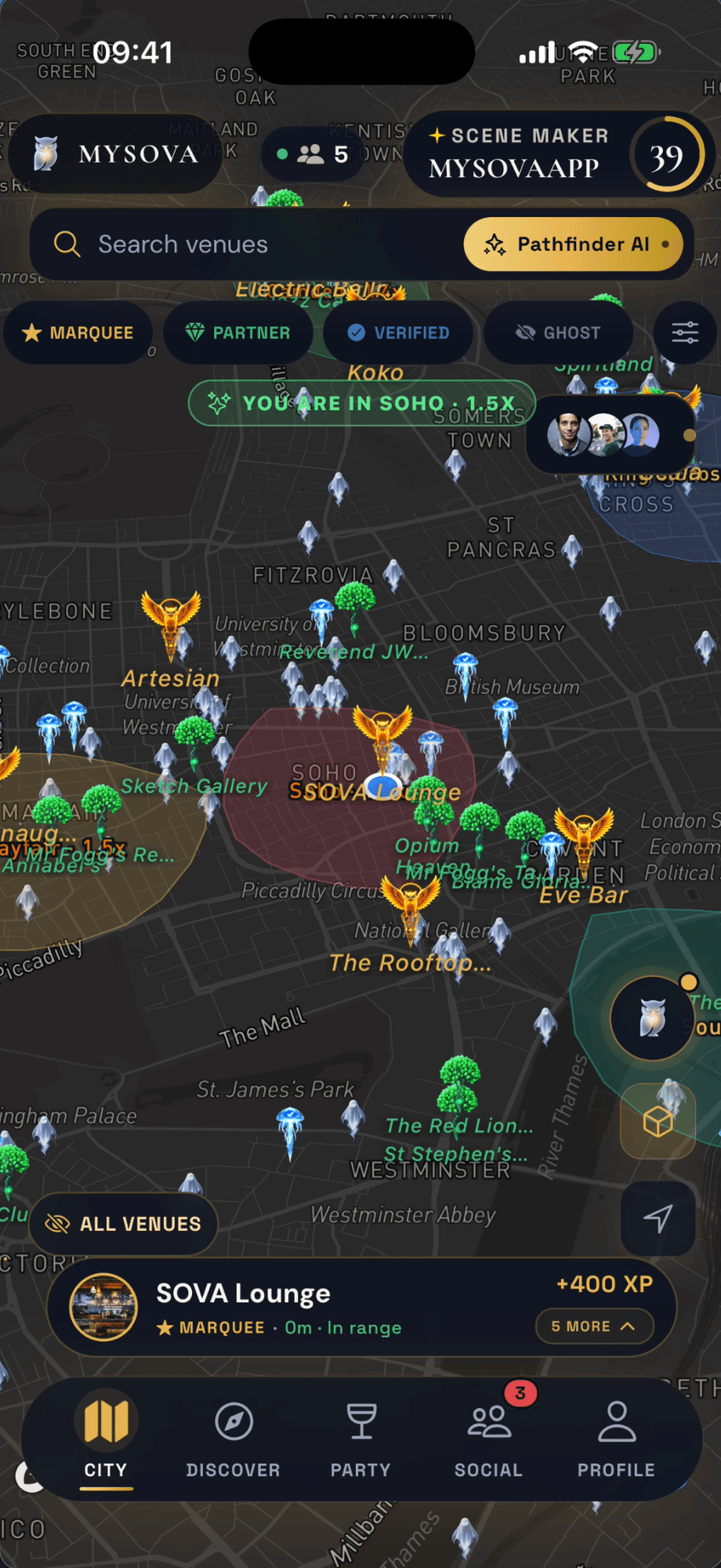 MYSOVA City map · live heat zones · venue markers by standing